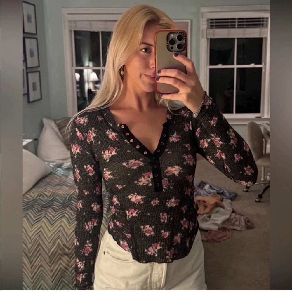 Free People Black Ribbed Henley Long-Sleeve Top with Pink Floral Print - Picture 2 of 4